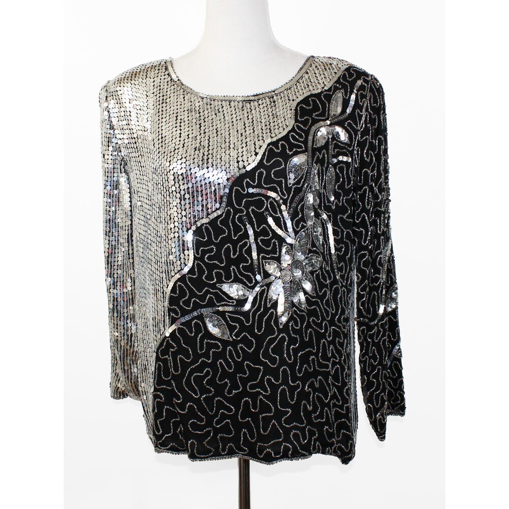 Jean for Joseph Le Bon Medium Black White Silk Sequin Beaded Blouse Vintage